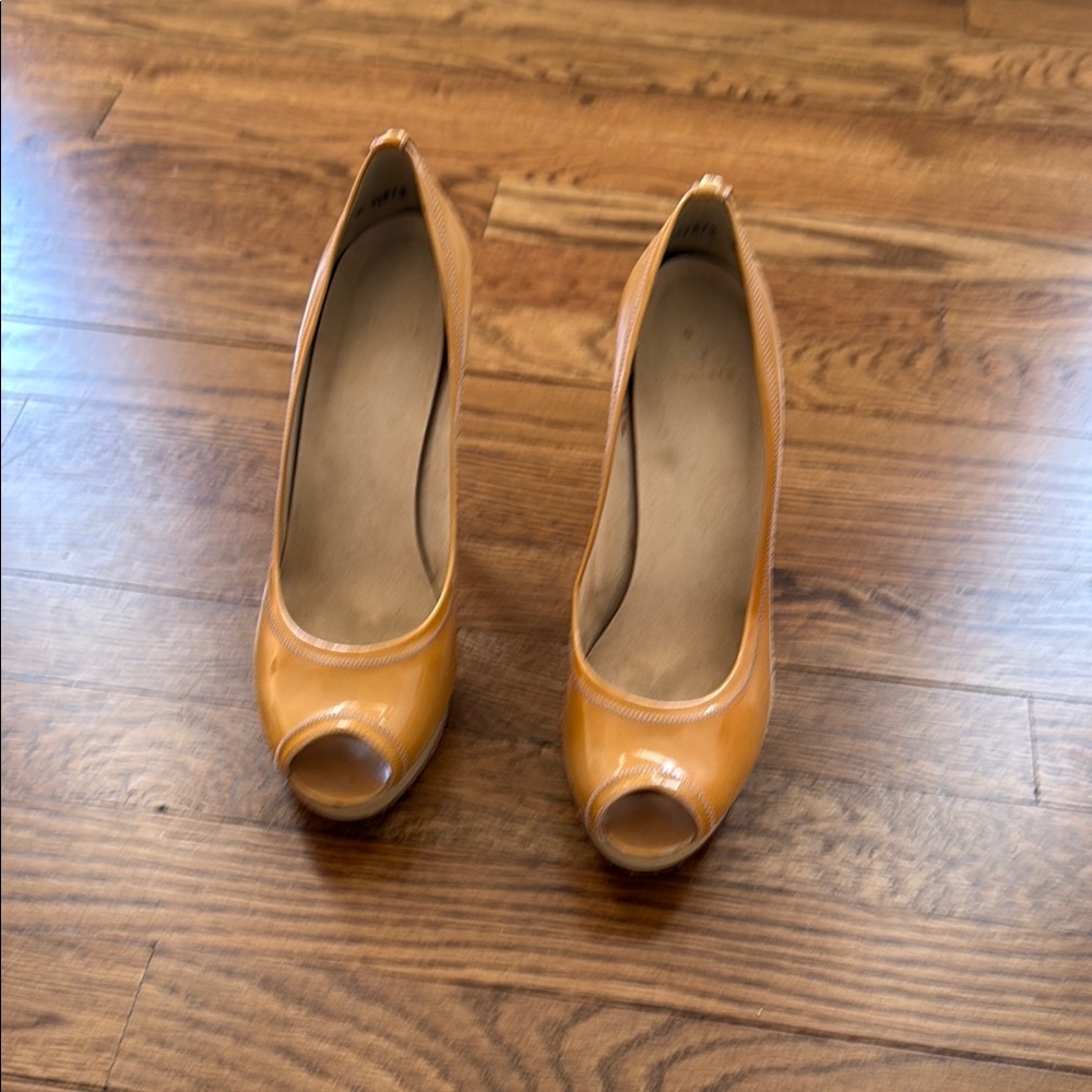 Stuart Weitzman Tan Peep-Toe Stiletto Heels
